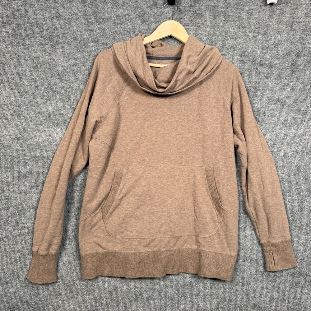 L.L. Bean Size Large‎ Hoodie Tan Cowl Neck Cotton Blend Thumbholes Long Sleeves